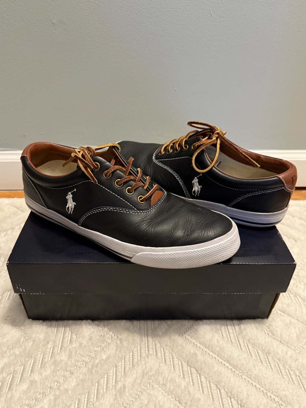 Polo by Ralph Lauren Black Leather Sneakers with Brown Accents